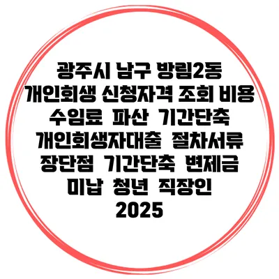 광주시 남구 방림2동 개인회생 신청자격 조회 비용 수임료 | 파산 | 기간단축 | 개인회생자대출 | 절차서류 | 장단점 | 기간단축 | 변제금 미납 | 청년 | 직장인 2025