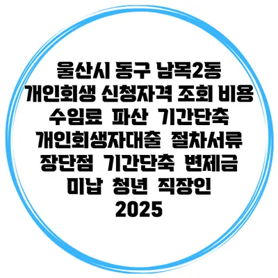 울산시 동구 남목2동 개인회생 신청자격 조회 비용 수임료 | 파산 | 기간단축 | 개인회생자대출 | 절차서류 | 장단점 | 기간단축 | 변제금 미납 | 청년 | 직장인 2025