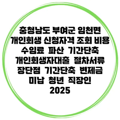 충청남도 부여군 임천면 개인회생 신청자격 조회 비용 수임료 | 파산 | 기간단축 | 개인회생자대출 | 절차서류 | 장단점 | 기간단축 | 변제금 미납 | 청년 | 직장인 2025