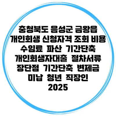 충청북도 음성군 금왕읍 개인회생 신청자격 조회 비용 수임료 | 파산 | 기간단축 | 개인회생자대출 | 절차서류 | 장단점 | 기간단축 | 변제금 미납 | 청년 | 직장인 2025